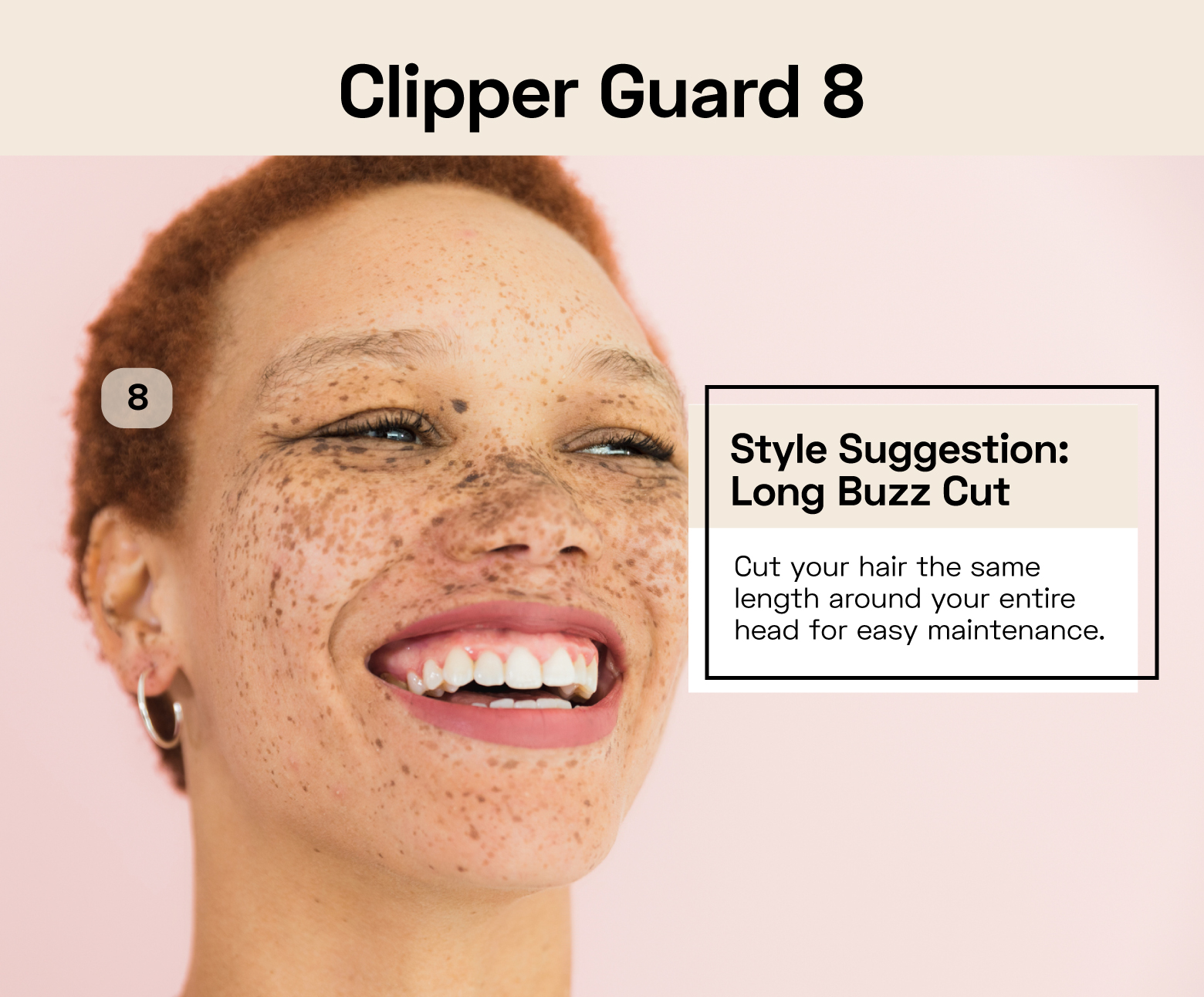 woman smiling with clipper guard 8 hair cut